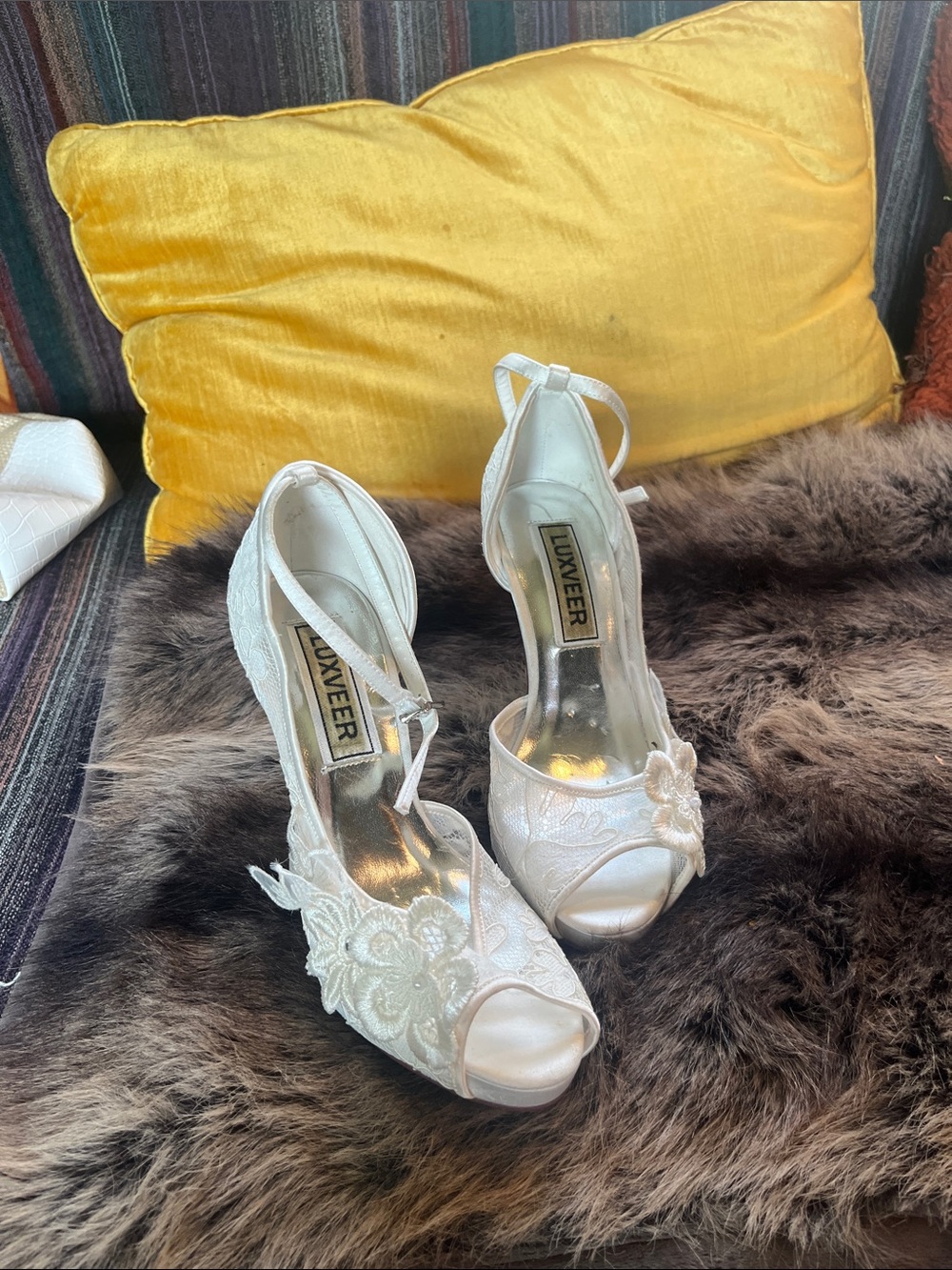 Luxe White Lace Peep-Toe Heels with Floral Applique
